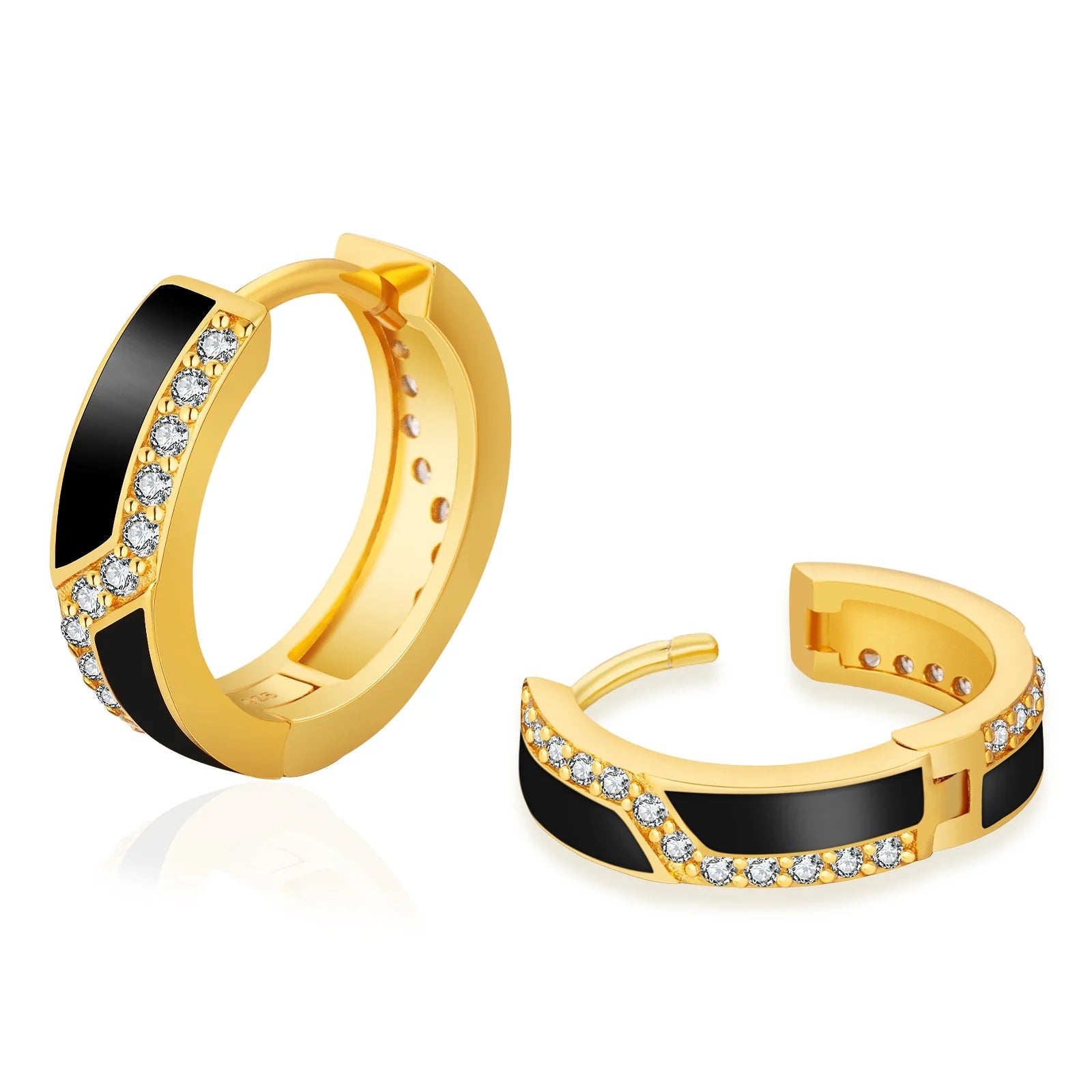 Prism crystal earrings-S925 Silver Iced Black Hoop Earrings in 14K Gold - 15mm