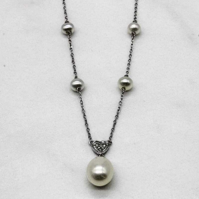 Off-center necklaces-Pearl & Diamond Drop Necklace | 0.03ctw | 17" |