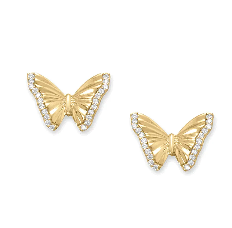 Antique clip earrings-Butterfly Stud Earrings with Cubic Zirconia Accents 14k Gold-plated Silver