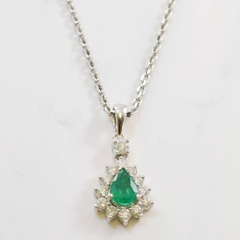 Gem-wrapped necklaces-Pear Cut Emerald Halo Necklace | 0.40ctw, 0.75ct | 17" |