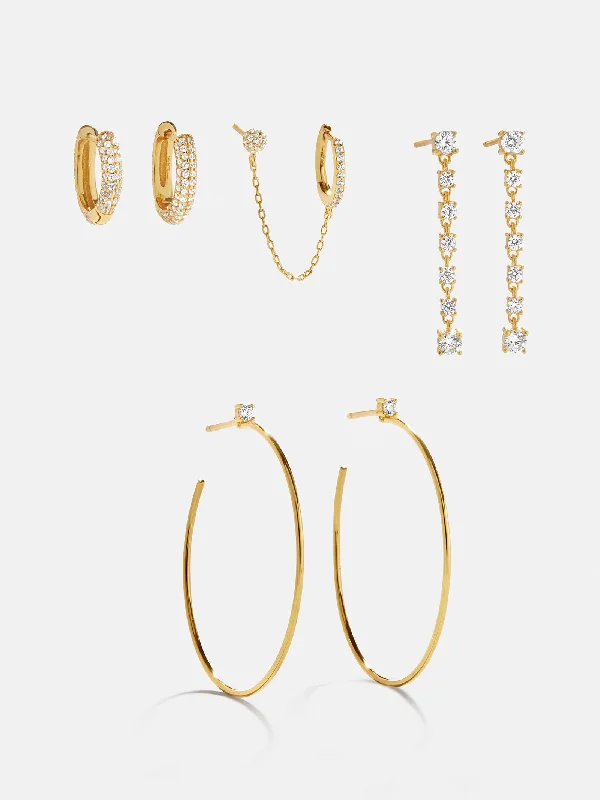 Wicker style earrings-Leighton 18K Gold Earring Set - Gold/Pavé