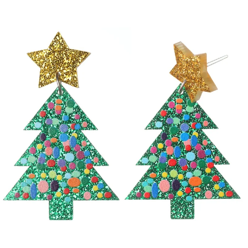 Tiny wing earrings-Glittery Bubble Christmas Tree Dangles Hypoallergenic Earrings for Sensitive Ears Made with Plastic Posts