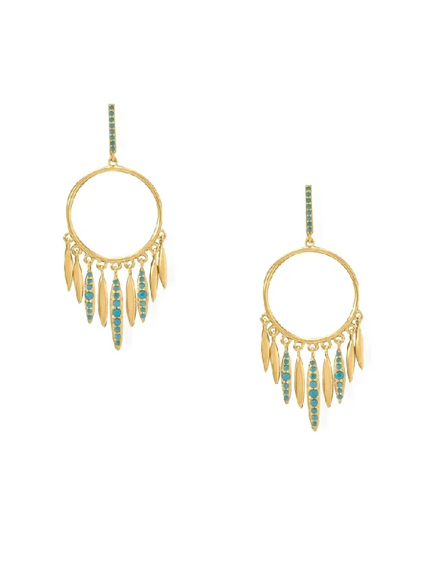 Sacred cross earrings-Dream Catcher Earrings with Turquoise-color Cubic Zirconia 14k Gold-plated