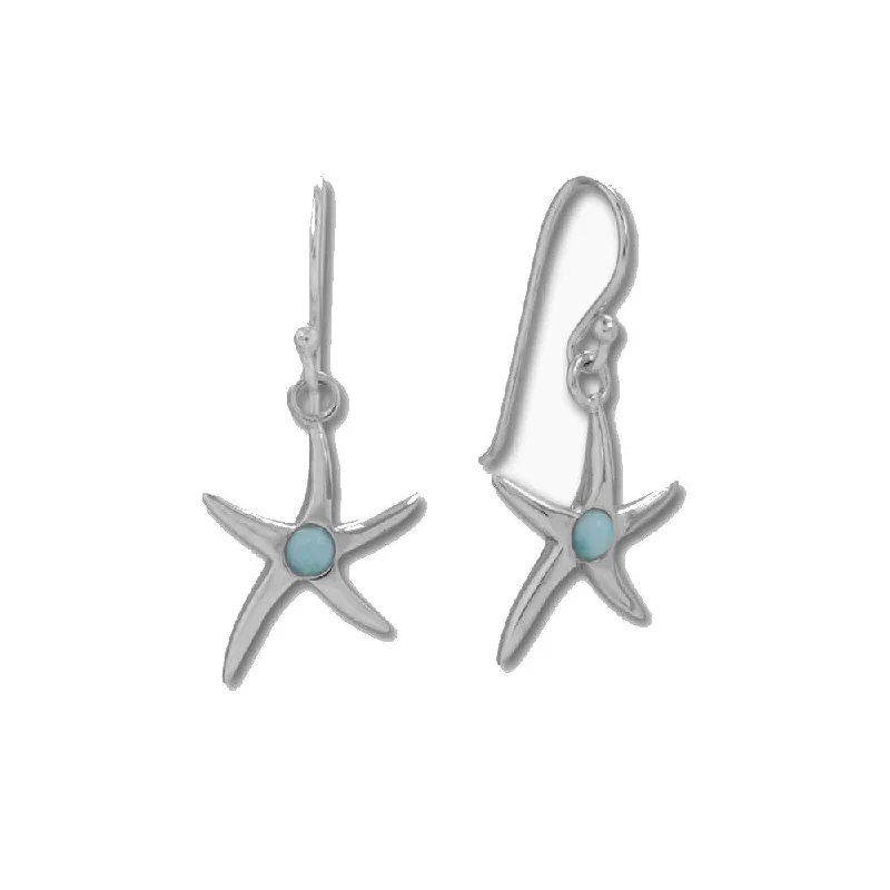 Flapper deco earrings-Starfish Earrings with Genuine Larimar Rhodium on Sterling Silver - Nontarnish