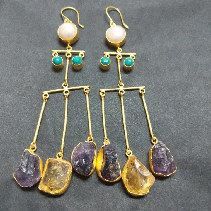 Planetary charm earrings-AMETHYST, CITRINE AND PEARL EARRINGS