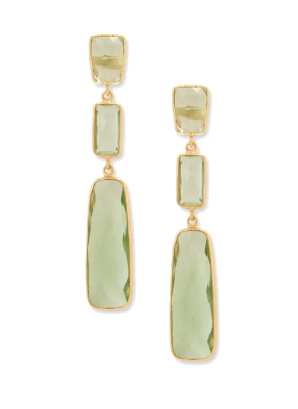 Full moon earrings-Green Prasiolite Three Stone Dangle Earrings 14k Gold-plated Silver