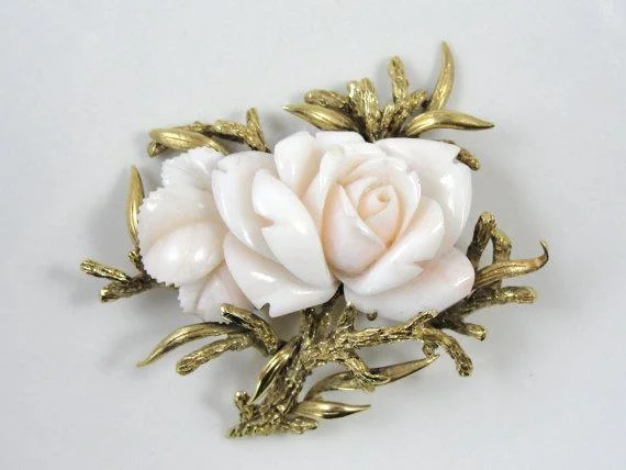 Sculpted art brooches-1900s Carved Angel Skin Coral Rose Brooch