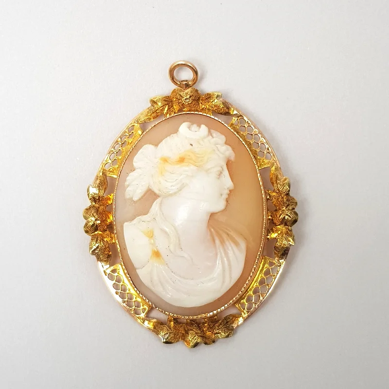 Tarnished silver brooches-9k Gold Hand Carved Shell Cameo Brooch Pendant Nyx Goddess Of Night Antique Circa 1910