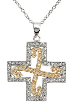 Bold chain necklaces-Sterling Silver 2-Tone Waved CZ Inlayed Cross Pendant 17" Necklace