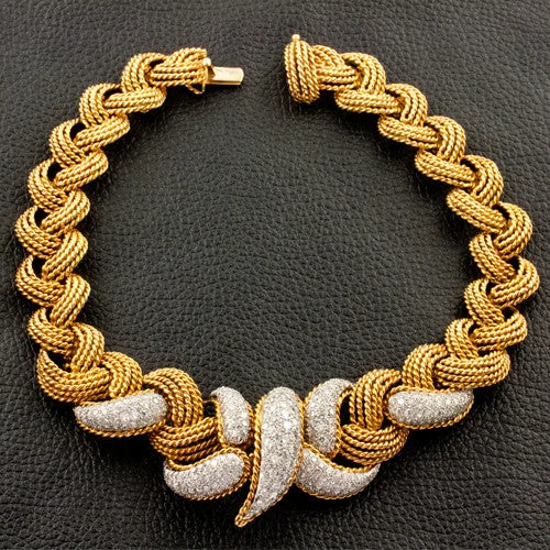 Quad-strand necklaces-Gold Braid & Diamond Estate Necklace