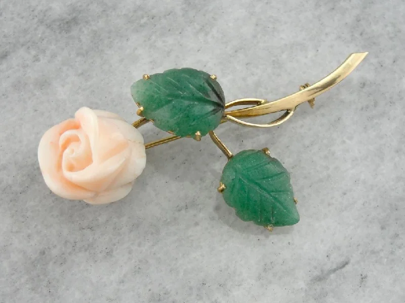 Vine motif brooches-A Rose of Angels Skin: Vintage Coral and Aventurine Brooch in Gold