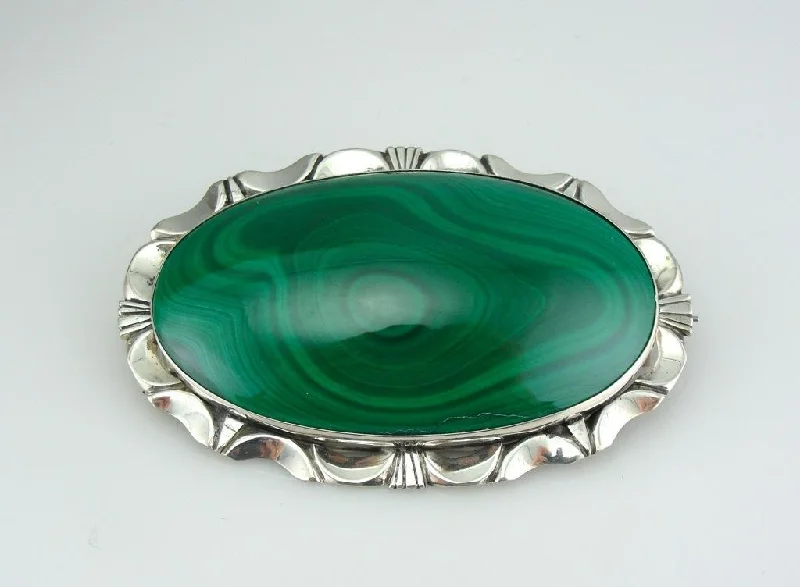 Citrine gem brooches-Bright Green Malachite Brooch or Pendant with Mid Century Sterling Frame