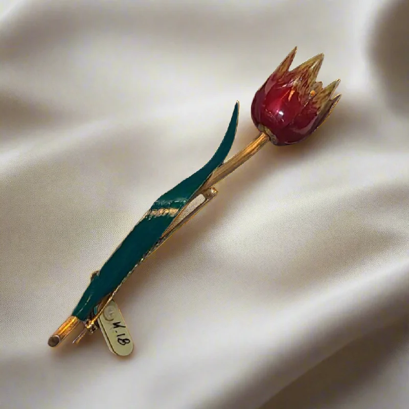 Lustrous pearl brooches-Brooch in 18k gold, tulip brooch, enamel hand painted