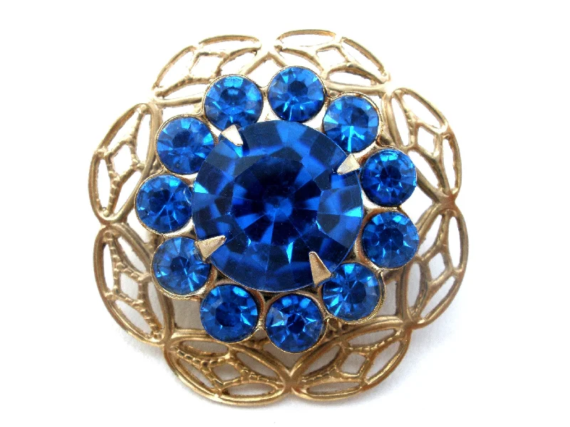 Subtle heart brooches-Sapphire Blue Rhinestone Brooch Pin Vintage