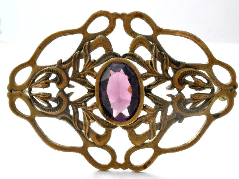 Bold geometric brooches-Art Nouveau Gilt Amethyst Brooch