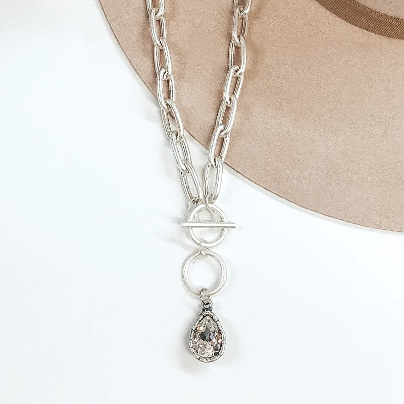 Curved design necklaces-Pink Panache | Thick Chain Necklace in Silver with Clear Pear Teardrop Cushion Cut Crystal