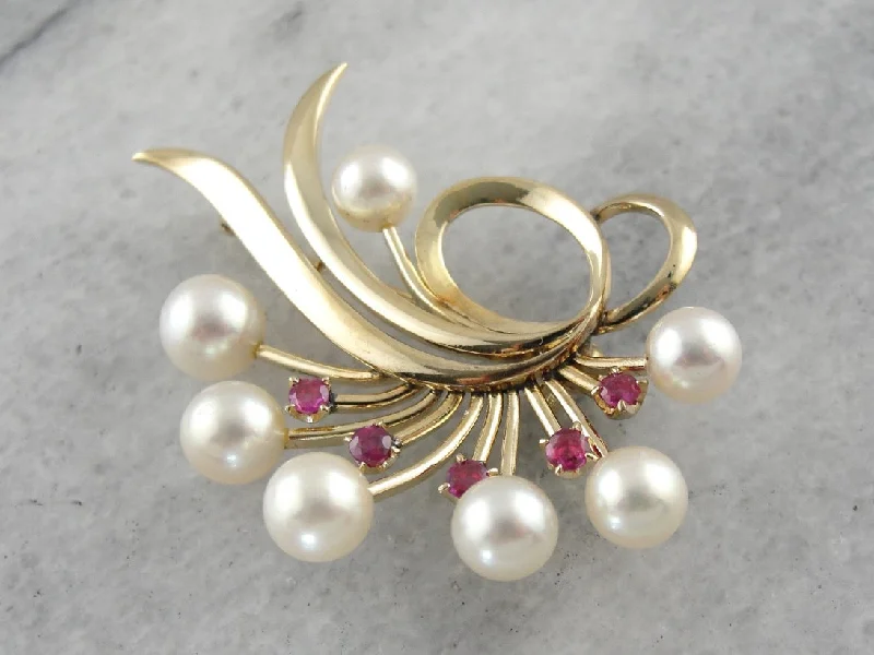 Burnished silver brooches-Vintage Pearl and Ruby Brooch in Yellow Gold, Abstract Statement Pin