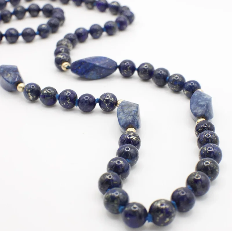 Refined pearl necklaces-Vintage 14K Yellow Gold and Genuine Lapis Lazuli Beaded Necklace