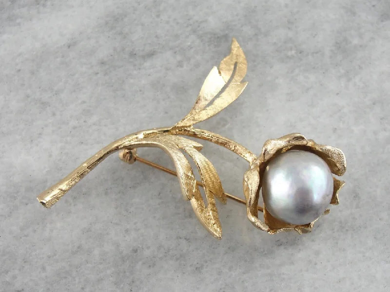 Tourmaline brooches-Bold Gold & Vintage Baroque Pearl Floral Brooch, Large Mid Century Statement Brooch