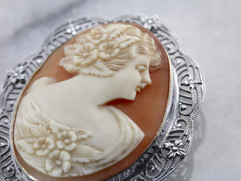 Chained design brooches-Classic White Gold Filigree Art Deco Cameo Brooch