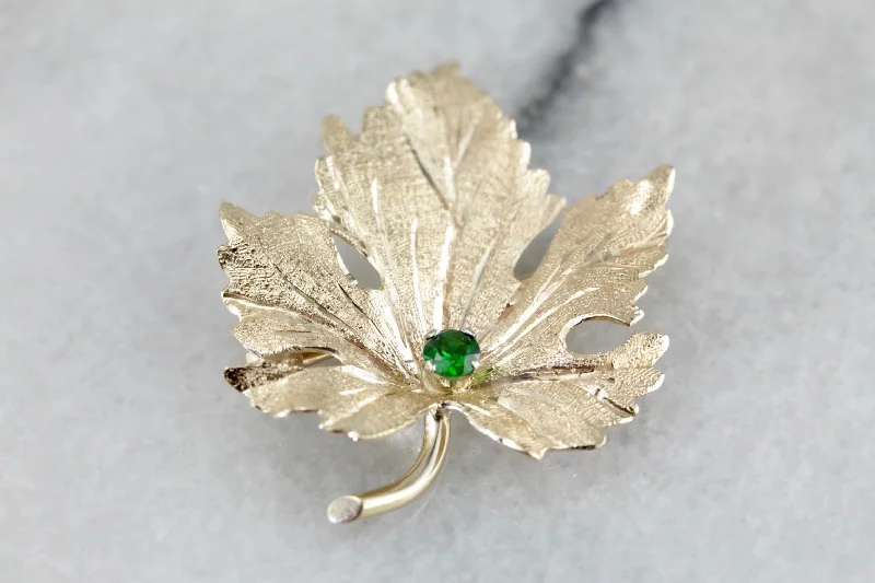 Stained wood brooches-Golden Leaf Brooch with Demantoid Garnet Center