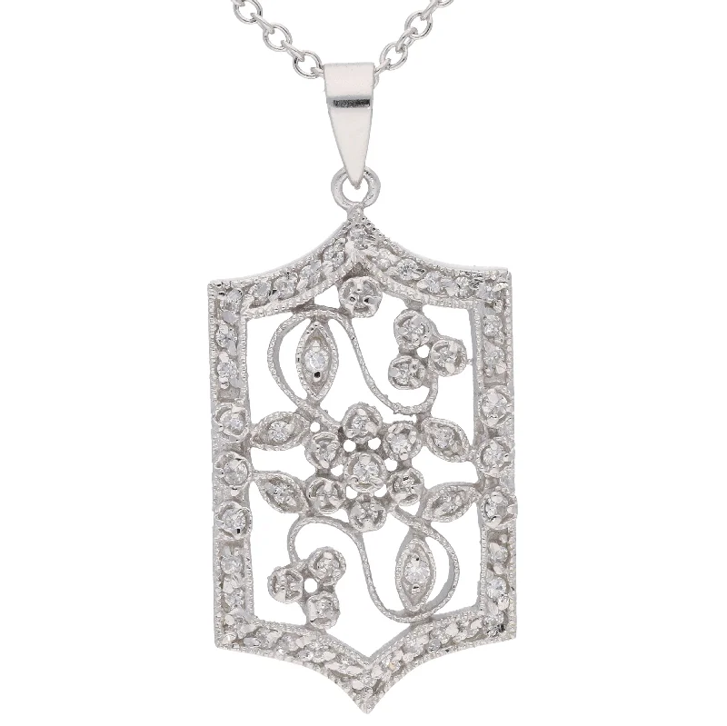 Dove charm necklaces-Victorian Style Open Flower Pave CZ Rhodium Sterling Silver Necklace