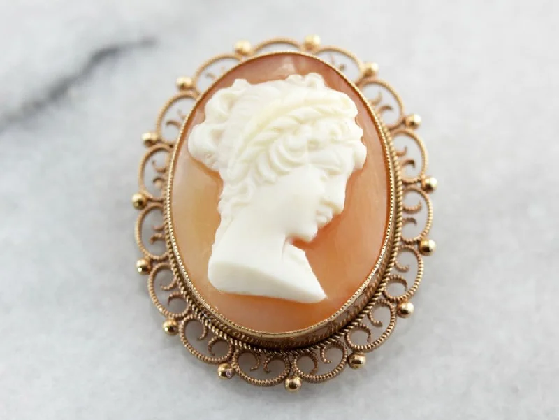 Thick enamel brooches-Ornate Cameo Gold Filigree Brooch Pendant