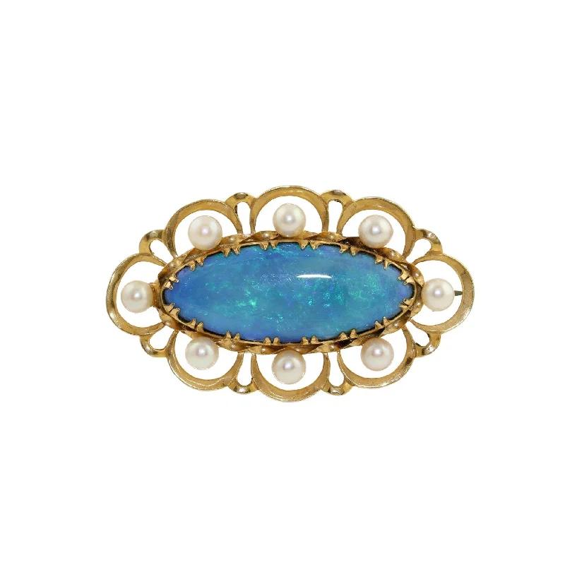 Arched gem brooches-10k Gold Australian Blue Opal and Pearl Brooch