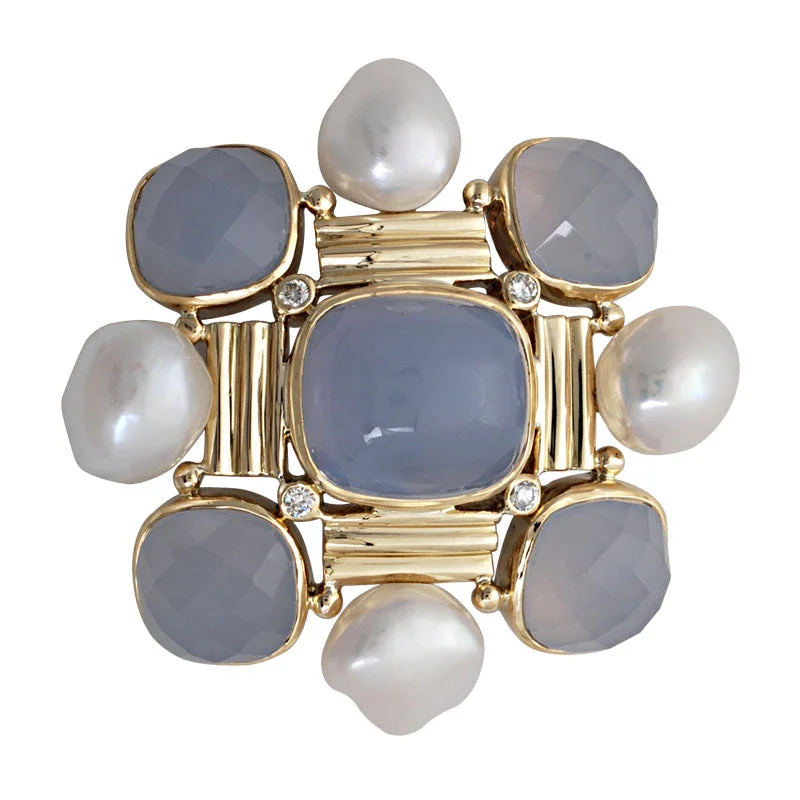 Lavish gem brooches-Brooch-Chalcedony, Pearl and Diamond