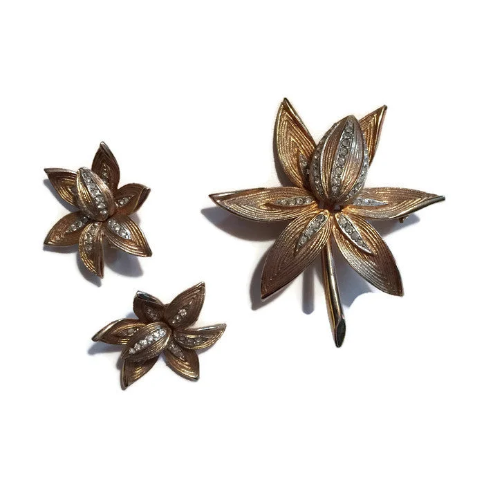 Tourmaline brooches-Golden Orchid Rhinestone Adorned Brooch and Earrings Demi Set circa 1940s