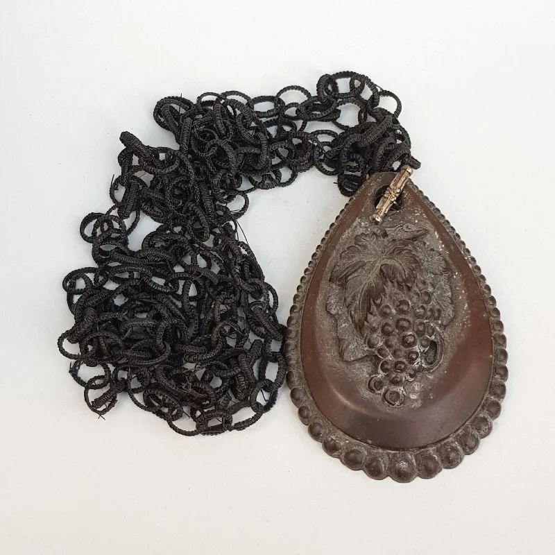 Gem-wrapped necklaces-Rare Vulcanite Bacchanalian Mourning Pendant With Woven Hair Necklace Antique Victorian Circa 1870