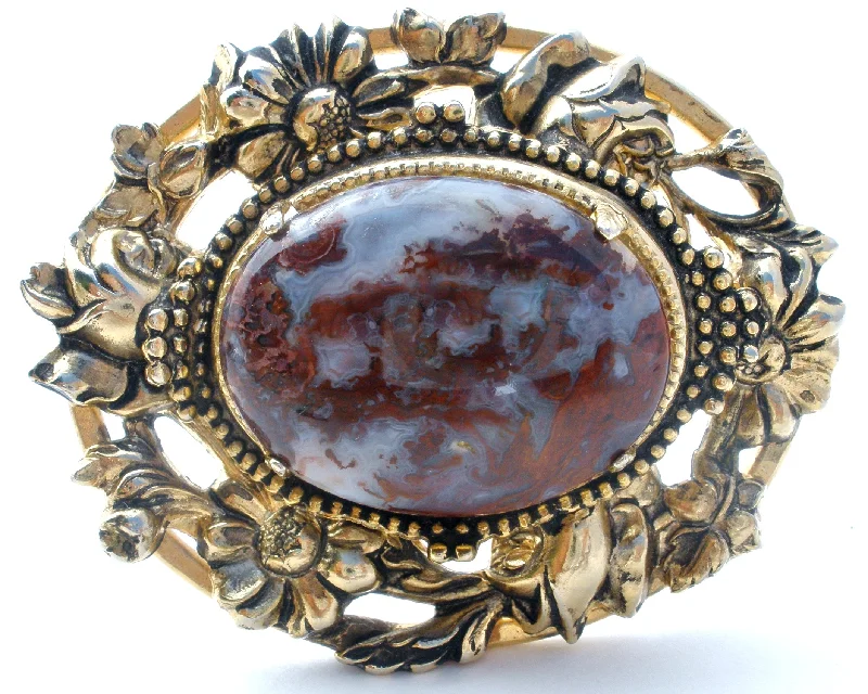 Arched gem brooches-Vintage Brown Moss Agate Gold Brooch Pin