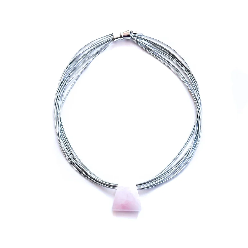 Ridged disc necklaces-Silver Wire Necklace with Triangular Pink Pendant