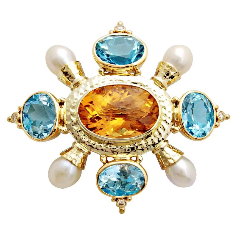 Lapis lazuli brooches-Brooch-Citrine, Blue Topaz, Pearl and Diamond  (1513C)