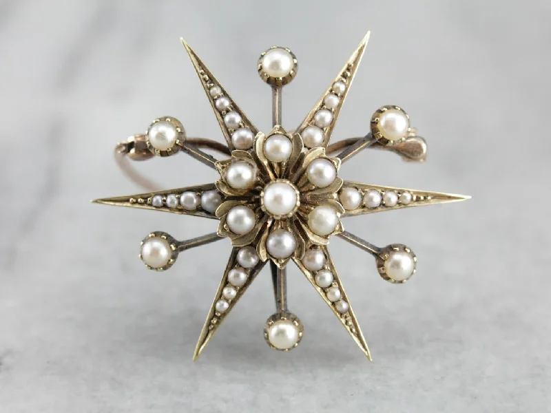 Wood inlay brooches-Antique Seed Pearl Starburst Brooch