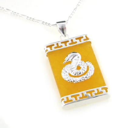 Large stone necklaces-Cobra Snake on Genuine Yellow Jade Sterling Silver Pendant 24" Necklace