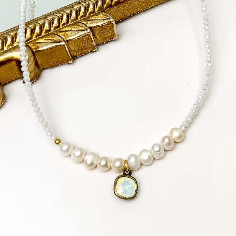 Vertical bar necklaces-Pink Panache | White Crystal and Pearl Beaded Necklace With White Opal Cushion Cut