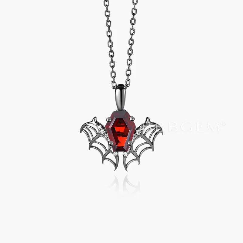 Vine motif necklaces-Coffin Cut Natural Garnet Pendant Black Red Gemstone Gothic Bat Necklace