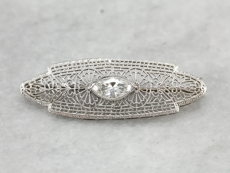 Knit weave brooches-Outstanding Filigree Brooch with One Carat Diamond Center, Art Deco Finery