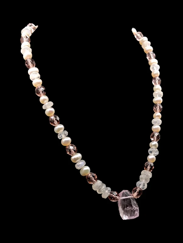 Bee charm necklaces-Vintage Genuine Tanzanian Pink Spinel, Rose Quartz, Cultured Pearls and Crystal Gemstone Sterling Silver Pendant Necklace