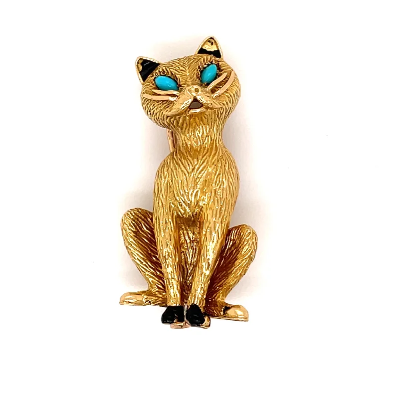 Square gem brooches-Vintage Cartier Iconic Yellow Gold and Turquoise Set Cat Clip Brooch