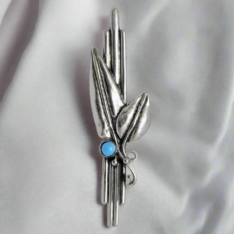 Lotus brooches-Greek Traditional Olive Leaf Brooch in Sterling silver with turquoise (K-30)