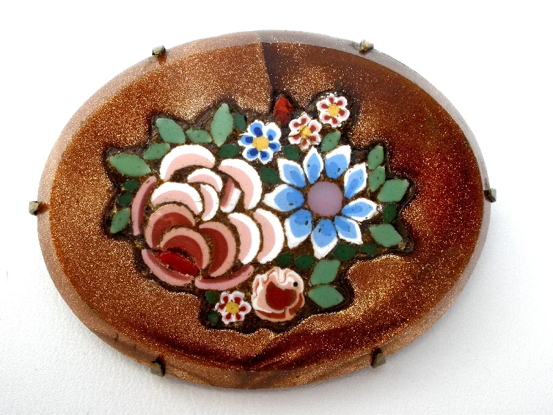 Ripple pattern brooches-Victorian Mosaic Aventurine Goldstone Brooch