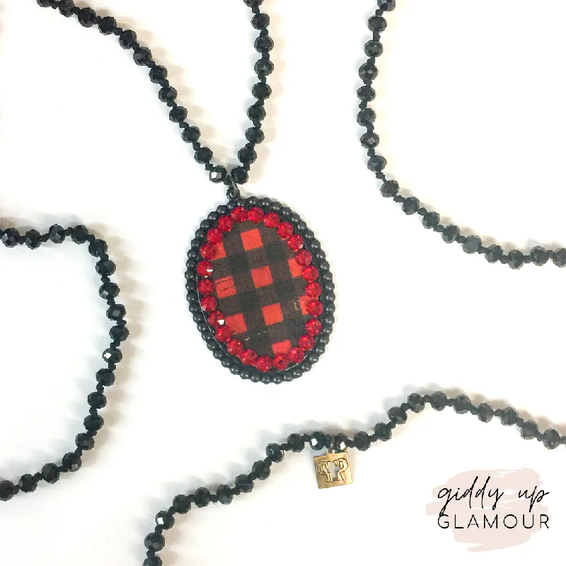 Brushed gold necklaces-Pink Panache Long Black Necklace with Large Black Matte Oval with Buffalo Plaid and Red Crystals| ONLY 1 LEFT!