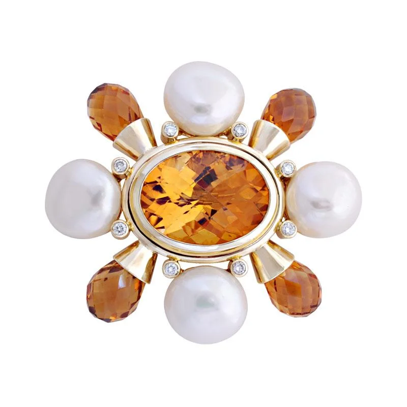 Ripple pattern brooches-Brooch-Citrine, Pearl and Diamond  (1823C)