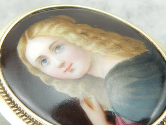 Lapis stone brooches-Antique Painted Portrait Cameo Gold Brooch Pendant