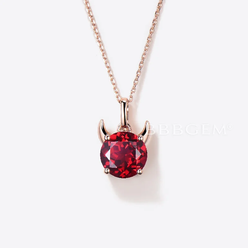 Vertical bar necklaces-Round Cut Ruby Devil Solitaire Pendant Rose Gold Minimalist Necklace