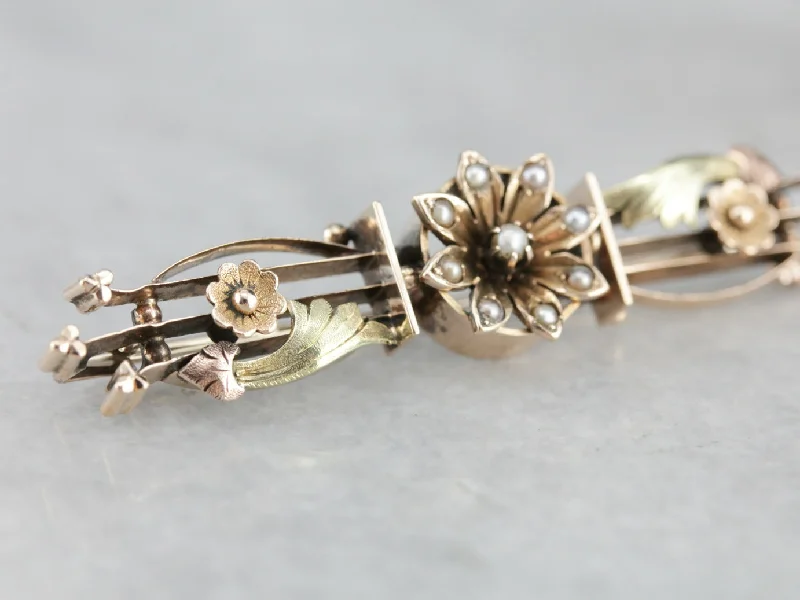 Sharp minimalist brooches-Antique Floral Seed Pearl Bar Brooch