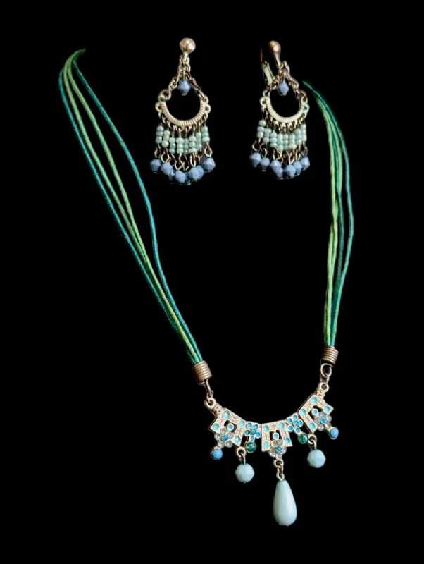 Eclectic charm necklaces-Vintage Tribal Mid-Century Modern Inspired Turquoise Necklace and Chandelier Dangle Earrings Set