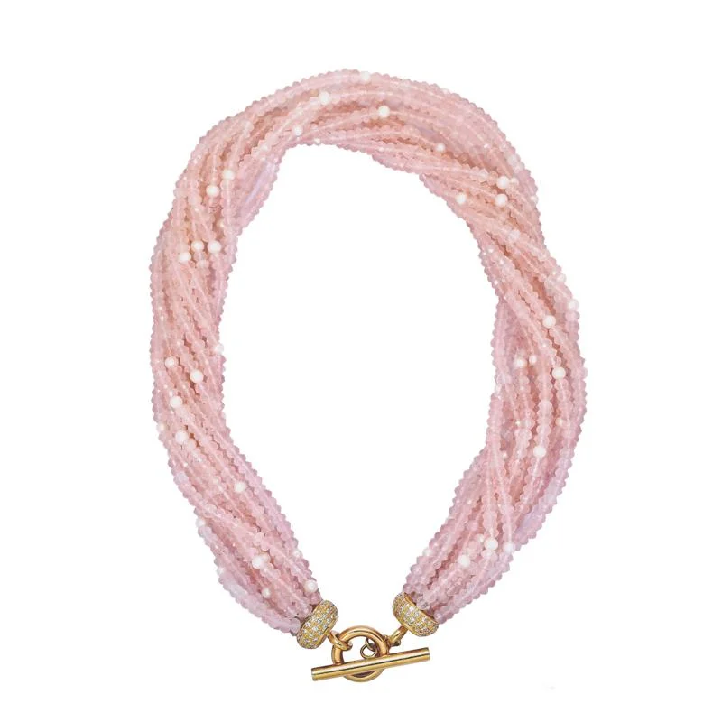 Morganite necklaces-Toggle Necklace - Rose Quartz, Pearl and Diamond  (2210A)